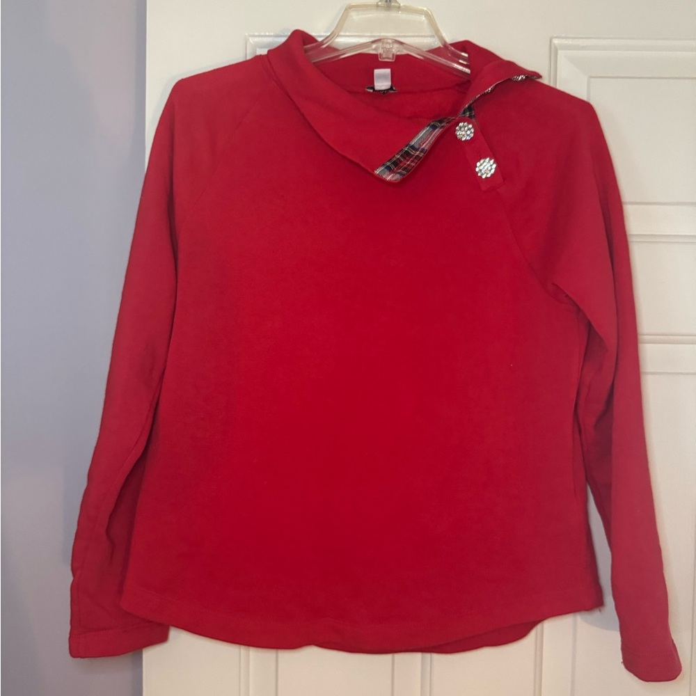 J. Crew factory red jeweled mock neck tartan plaid sweatshirt - Picture 2 of 8